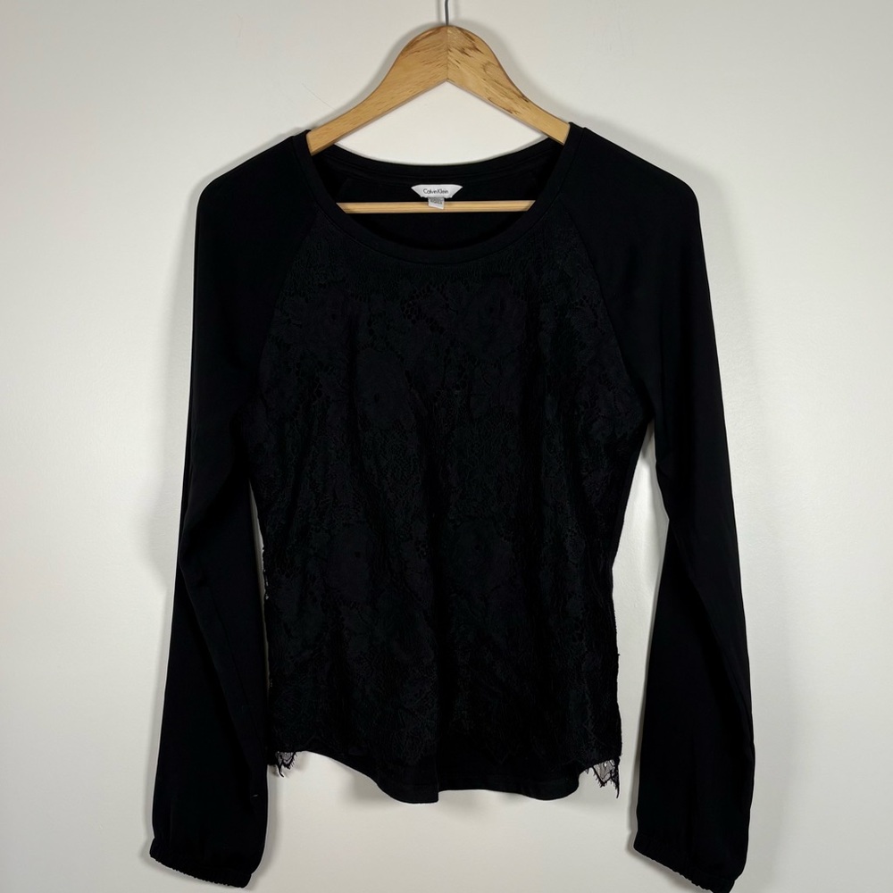 Calvin Klein Women’s Black Lace Front Long Sleeve Shirt, Size XS, Classic,
